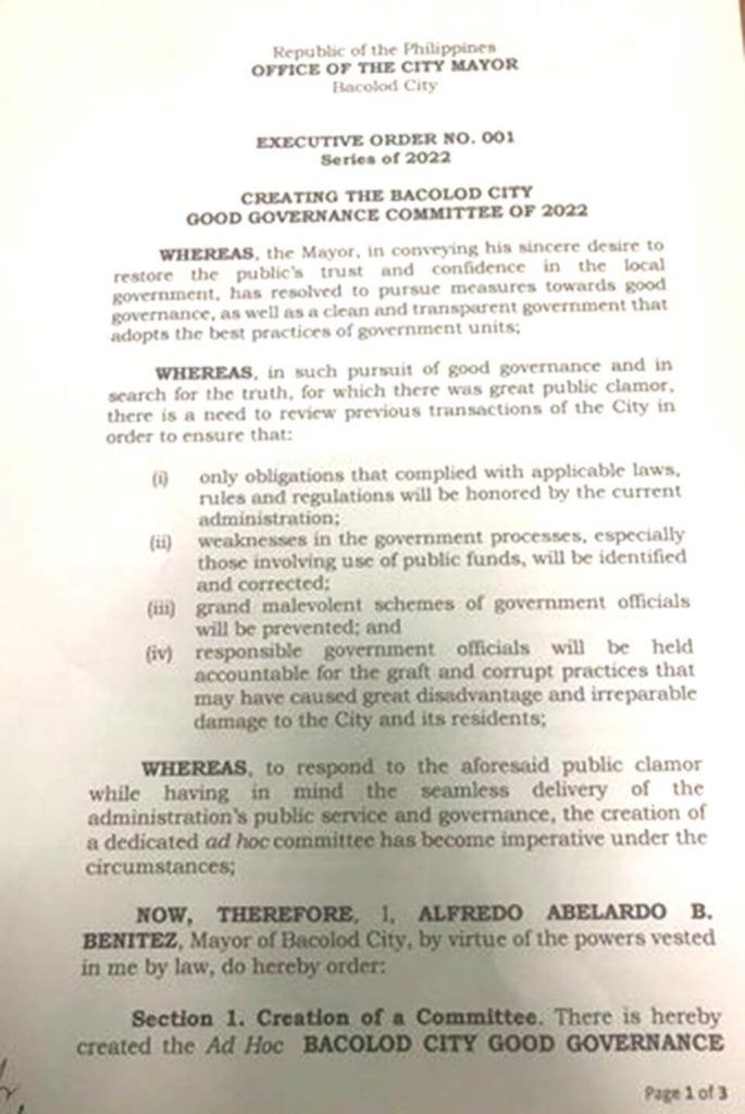 Bacolod City Mayor Albee Benitez Issued EO for Good Governance