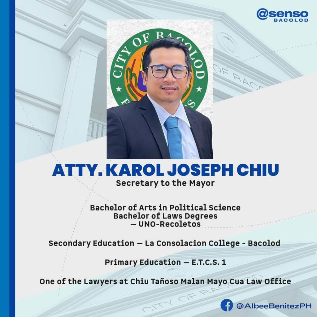 ATTY. JOSEPH KAROL CHIU will take on the role as Secretary to the Mayor as appointed by Mayor Albee Benitez