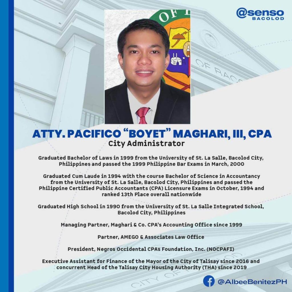 Mayor Albee Benitez designates Atty. Pacifico "Boyet" Maghari III, CPA as Bacolod City Administrator.